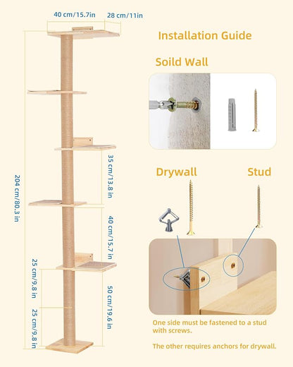 80inch Tall Cat Tree Wall Mount, 15.8in Top Perch Bed - Image 6