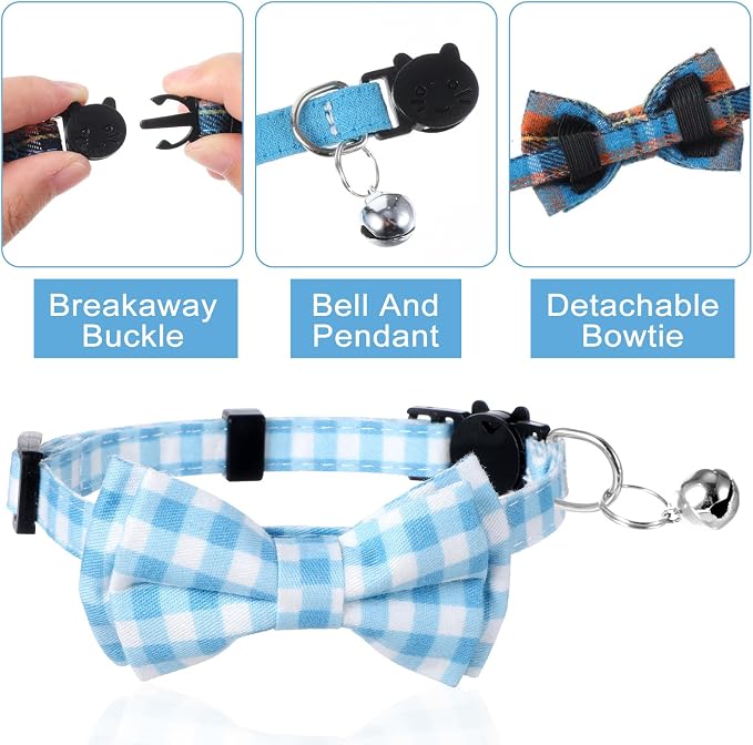 3pcs Bow Tie Cat Collar with Bells, Breakaway Bowtie Plaid Cat Collar, Soft - Image 5