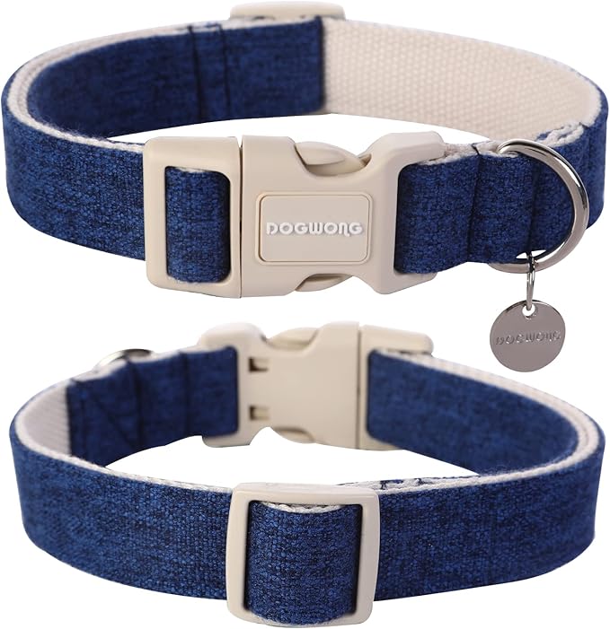 DOGWONG Cotton Hemp Dog Collar, Heavy-Duty Blue Dog Collar Adjustable Soft - Image 3