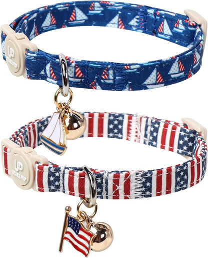 4th 0f July Cat Collar, Summer Baseball Blue Cat Collar by UPURARAPUP
