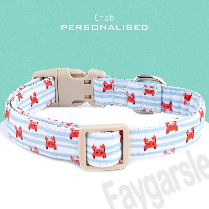 Faygarsle Cute Crab Pattern Dog Collar, Cotton Fabric, Light Blue Stripes - Image 2