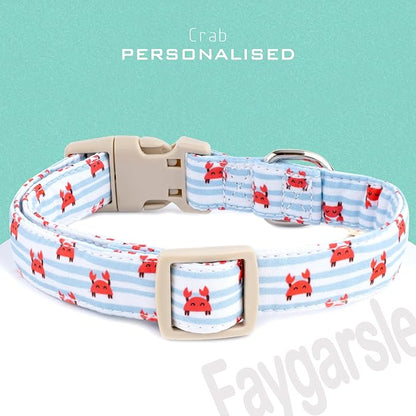 Faygarsle Cute Crab Pattern Dog Collar, Cotton Fabric, Light Blue Stripes - Image 2
