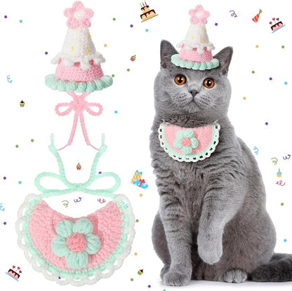 Sanwuta 2 Pcs Cat Birthday Party Supplies, Knit Cat Hat Kitten Birthday Bib by Sanwuta