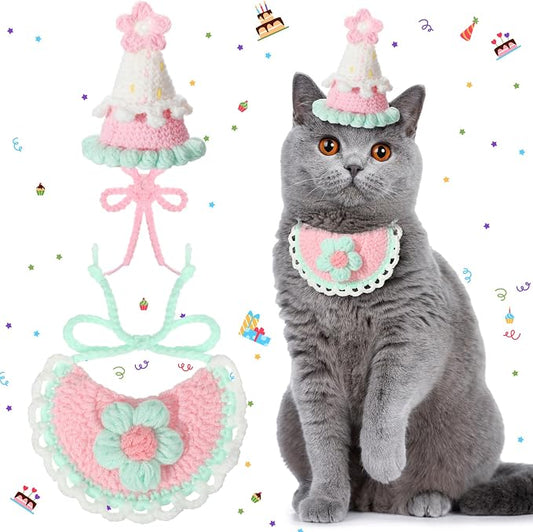 Sanwuta 2 Pcs Cat Birthday Party Supplies, Knit Cat Hat Kitten Birthday Bib by Sanwuta