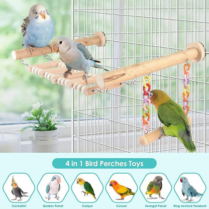 Bird Perches Ladder with Swing, Natural Wood Parrot Climbing Bridge Perch Toys - Image 3