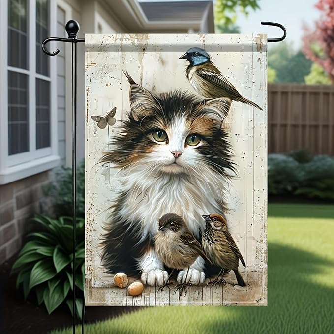 Cat and Birds Garden Flag 12x18 Inch Double Sided Outdoor Yard Banner Fluffy by Unknown