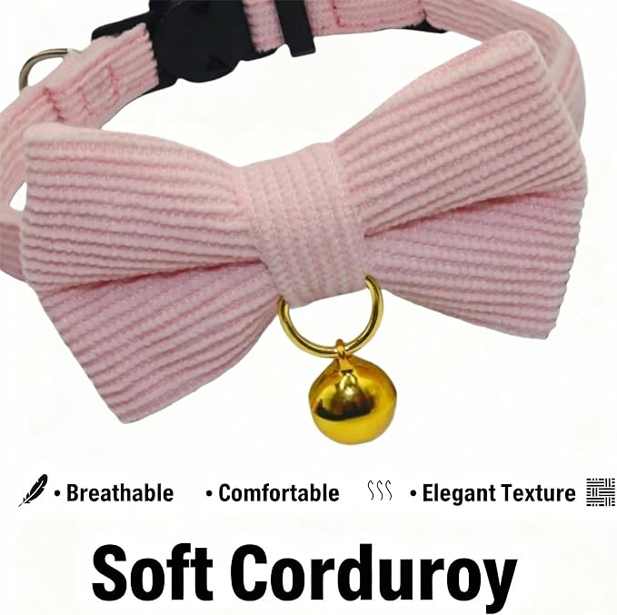THAIN Cat Collar with Bow Tie and Bell, Breakaway Adjustable Cute Soft Corduroy - Image 2