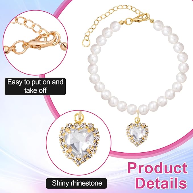 2pcs Cat Pearl Collar with Heart Pendant, Cute Pearl Pet Necklace in Small - Image 3