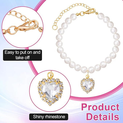 2pcs Cat Pearl Collar with Heart Pendant, Cute Pearl Pet Necklace in Small - Image 3