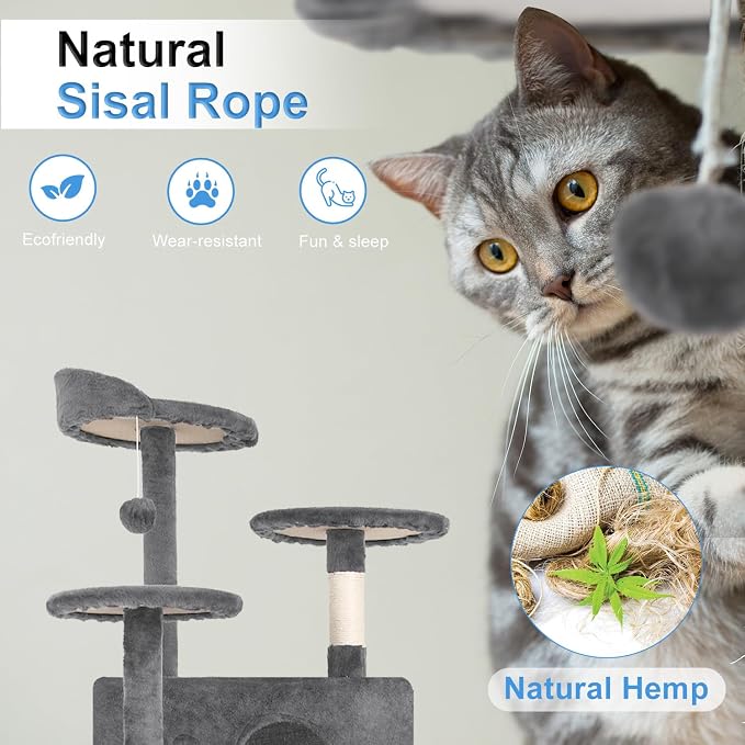 FDW | 54" Cat Tree Tower | Light Gray | Multi-Level Indoor Activity Center - Image 4