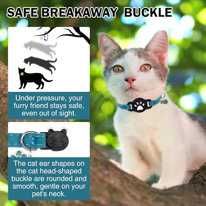 AirTag Cat Collar with Bells, Soft Velvet Cat Collar Breakaway with Airtag - Image 5