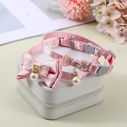 2 Pack Pink Cotton Cat Collars for Girl Cats, Cute Pearl Bow Kitten Collar - Image 8