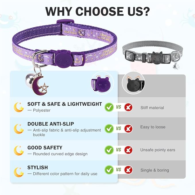 Cat Collar with Bells Breakaway, 3 Pack Moon and Star Cat Collar Reflective - Image 5