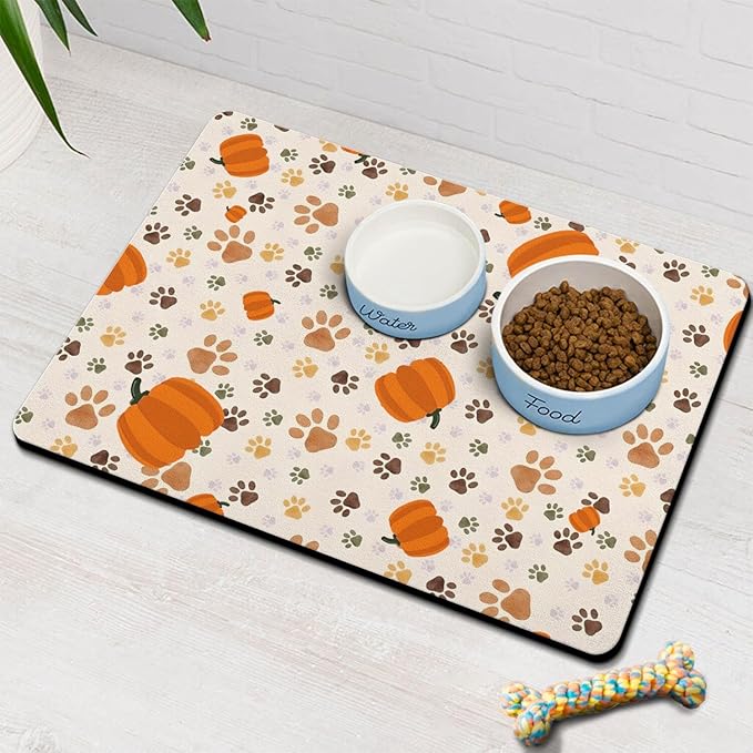 Fall Pumpkin Dog Food & Water Mat, Paw Prints Autumn Pet Feeding Mat by Stunnoosy