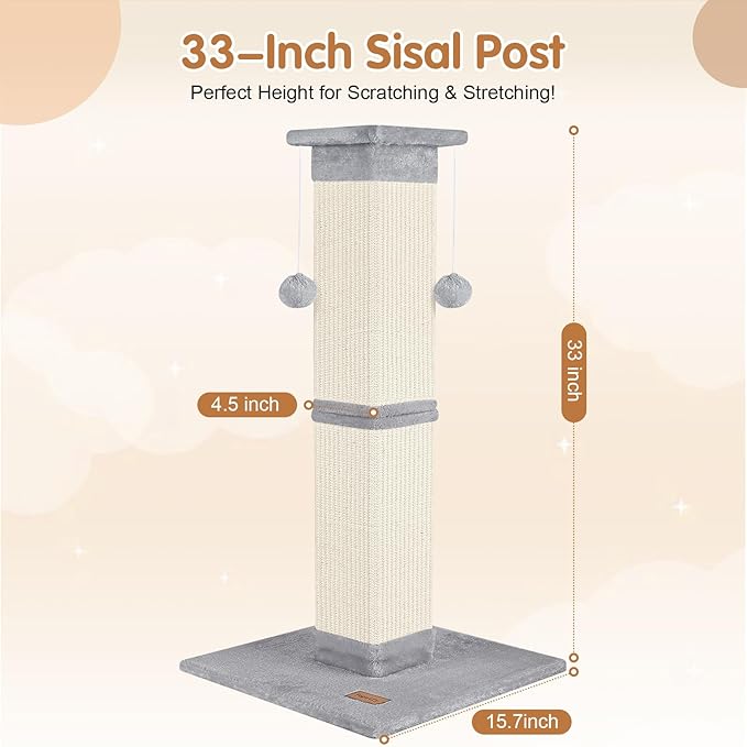Cat Scratching Post 33 inch for Indoor Cats, High Cat Scratch Post Grey - Image 2