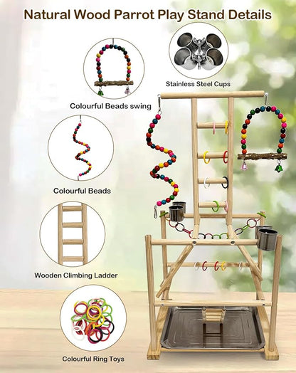 Bird Play Stand, Large Parakeet Playground, Natural Wood Parrot Perch Stand - Image 4