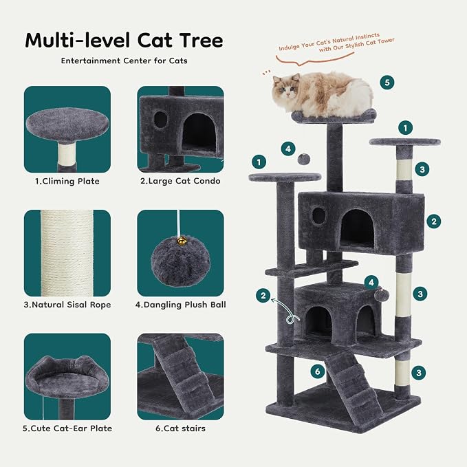 DUMOS 54-inch Indoor Cat Tree Tower –Multi-Level Pet House - Image 4