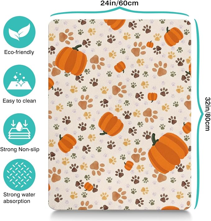 Fall Pumpkin Dog Food & Water Mat, Paw Prints Autumn Pet Feeding Mat - Image 4