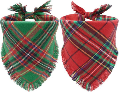 Christmas Dog Bandanas 2PCS-Large, Winter Classic Red Green Plaid Dog Scarf by CozyHaus