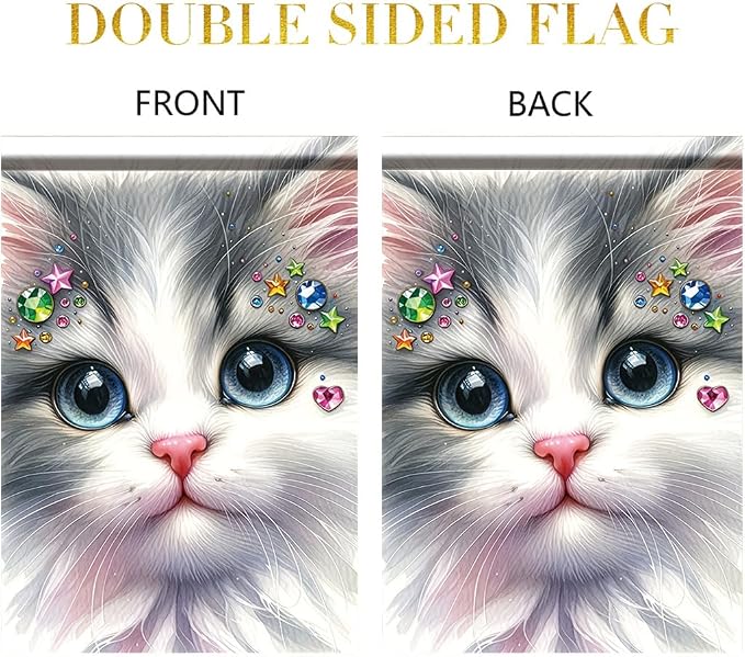 Cute Kitty Garden Flag 12x18 Inch Bling Rhinestone Cat Face Banner Double Sided - Image 3