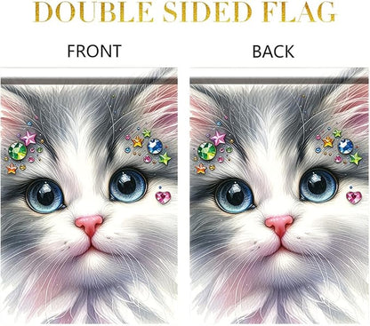Cute Kitty Garden Flag 12x18 Inch Bling Rhinestone Cat Face Banner Double Sided - Image 3