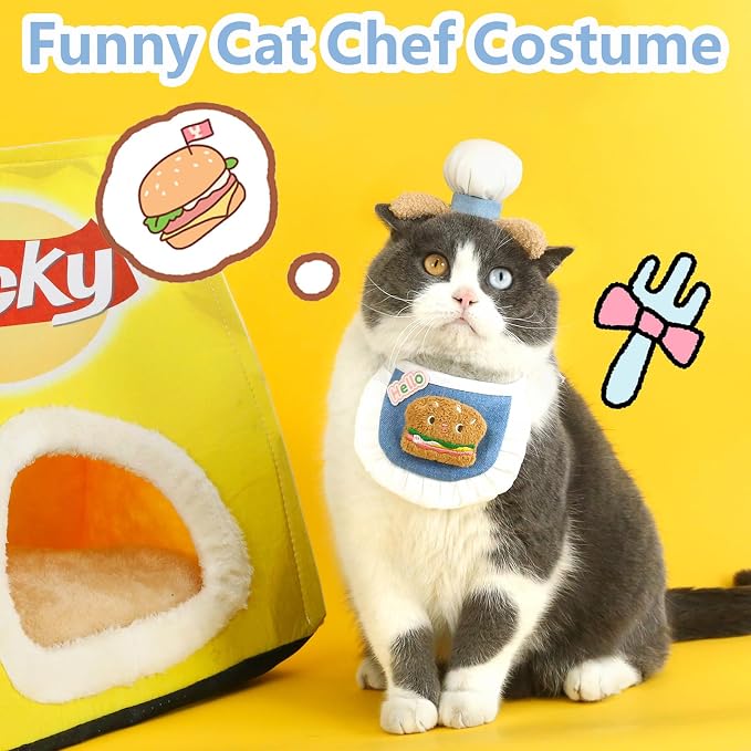 HOWWFALY Cat Halloween Costumes Pet Chef Hat &Hamburger Bib Costume Set - Image 2