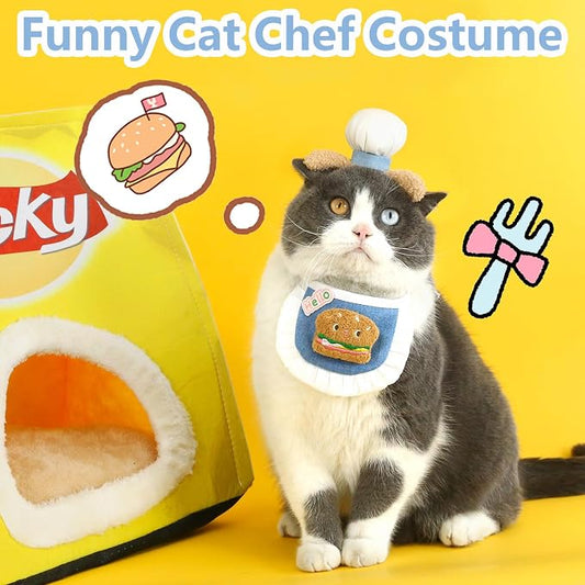 HOWWFALY Cat Halloween Costumes Pet Chef Hat &Hamburger Bib Costume Set - Image 2