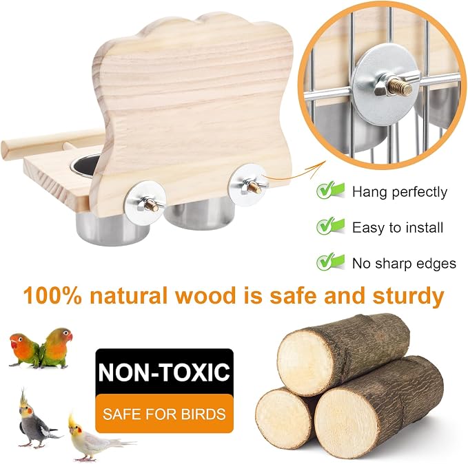 Feeder with Acrylic Mirror & Stainless Steel Bowls, Natural Wood Perch - Image 3