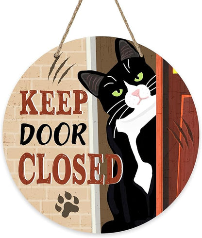 Keep Door Closed Tuxedo Cat Front Door Sign, Funny Wood Hanger Bedroom Porch by Bolisom