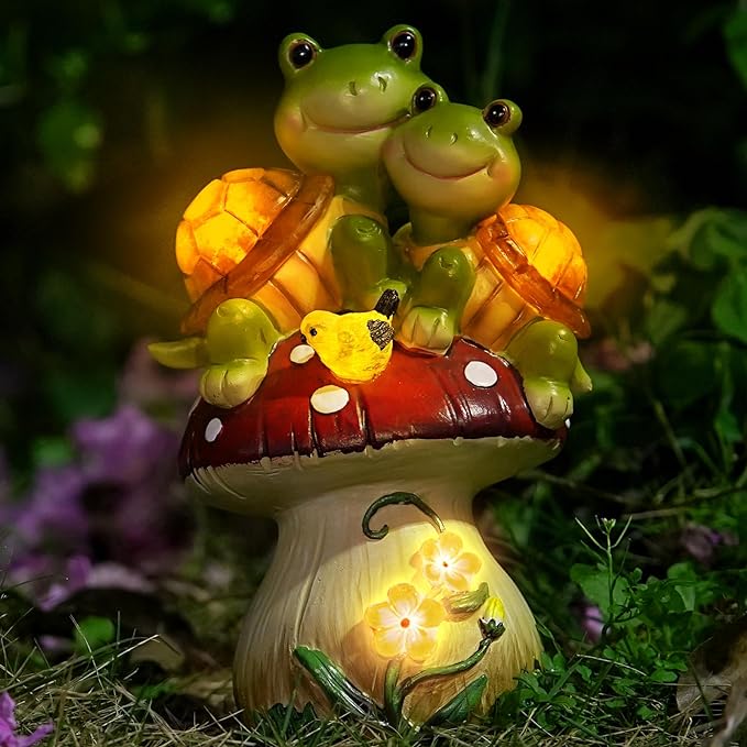 Solar Light Turtle Garden Statue, Turtle on Mushroom Figurine, Lovely Tortoise by ZhiYo-GD