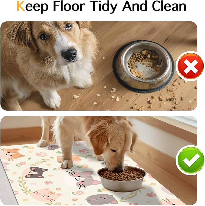 Cat Feeding Mat 24x16 inch Floral Ring Kitten Print Pet Bowl Placemat Non Slip - Image 8