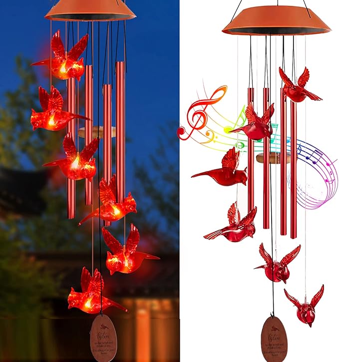 Solar Cardinal Wind Chimes Outdoor Solar Lights Cardinal Red Bird Windchimes - Image 2