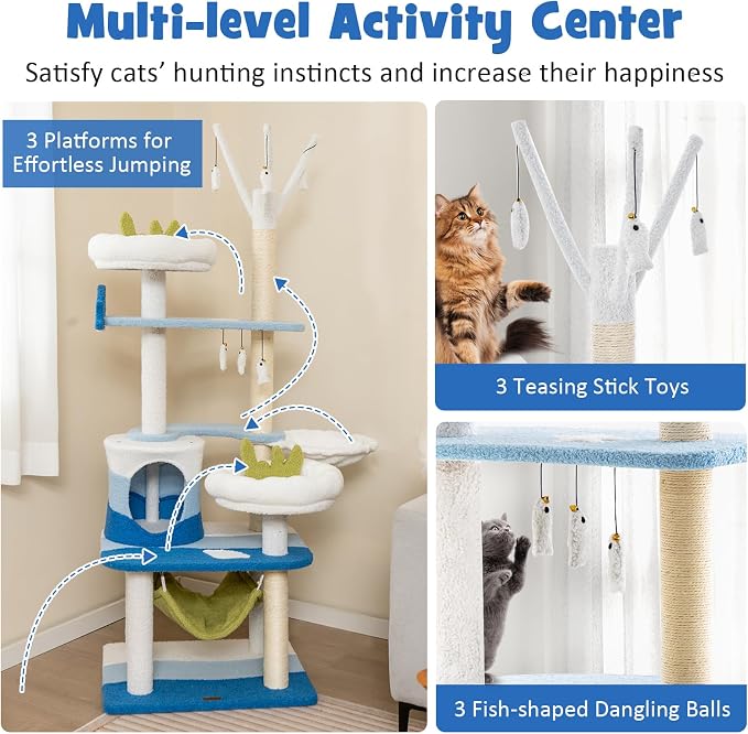 Tangkula Ocean-Themed Cat Tree, Jump Platforms, Hanging Interactive Toys - Image 5