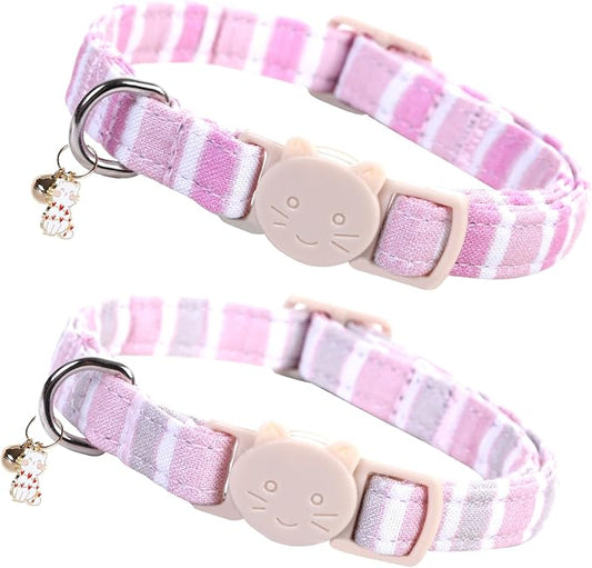 Elegant little tail 2 Pack Cat Collar-Pink Strip Cotton Breakaway Cat Collars by Elegantlittletail