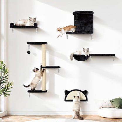 5-in-1 Cat Wall Shelves, Solid Wood & Velvet & Sisal Scratcher, 44lbs Max Load by PLEKER