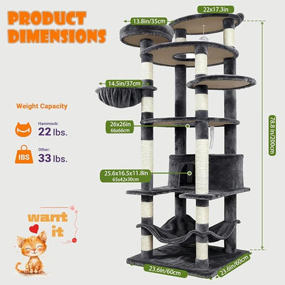 78.8" Large Cat Tree Tower for Indoor Kitties, Sisal Scratching Posts, Hammock - Image 5