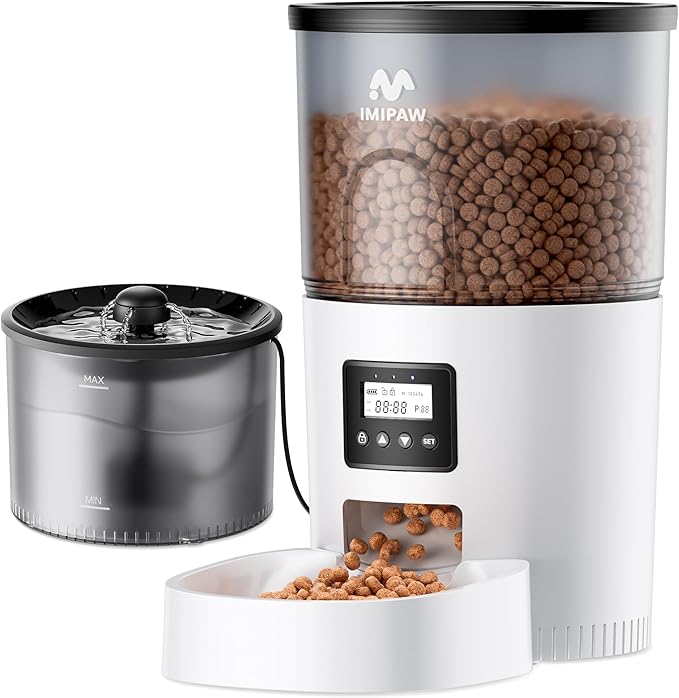 IMIPAW Automatic Cat Feeder and Water Fountain, Timed Dry Food Dispenser by IMIPAW