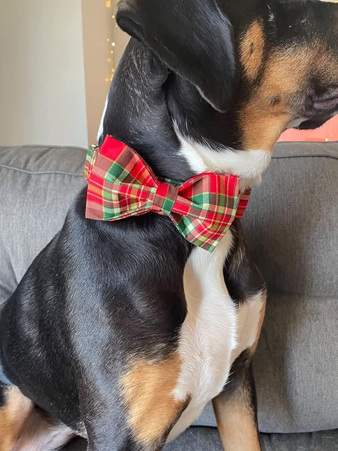 Dog Collar - Christmas Red Plaid Dog Collars Bowtie Gift Soft Bow Collar - Image 3