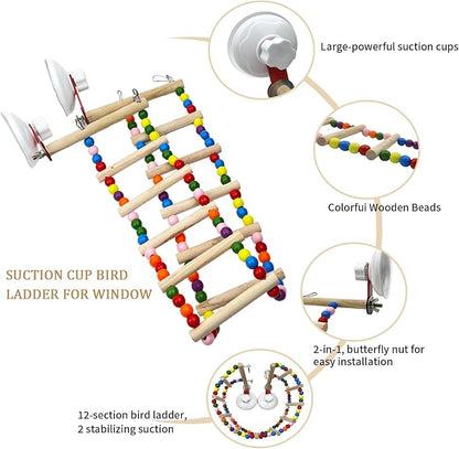 FlidRunest Suction Cup Wooden Bird Perch Stand Toy, Colorful Bird Parrot Ladder - Image 3