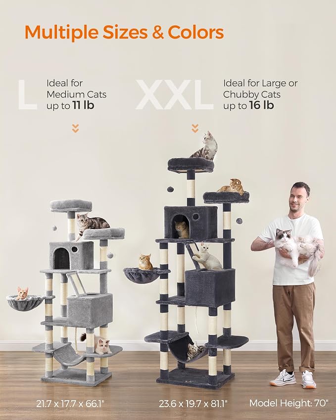 Feandrea Cat Tree, 81.1-Inch Large Cat Tower, 2 Perches, 2 Caves, Smoky Gray - Image 7