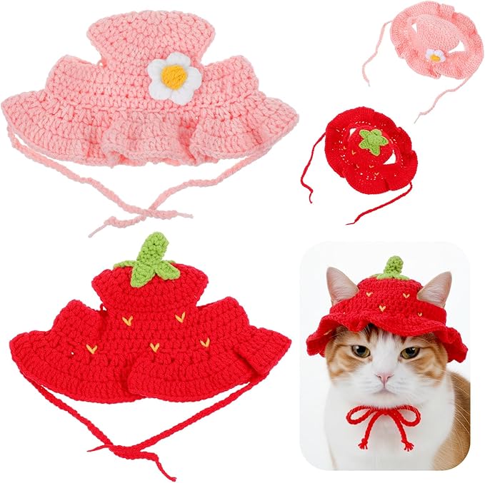 2PCS Strawberry Cat Hats Cute Flower Crochet Hats by Unknown