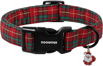DOGWONG Christmas Plaid Dog Collar, Cute Adjustable Red Tartan Collar, Scottish by DOGWONG