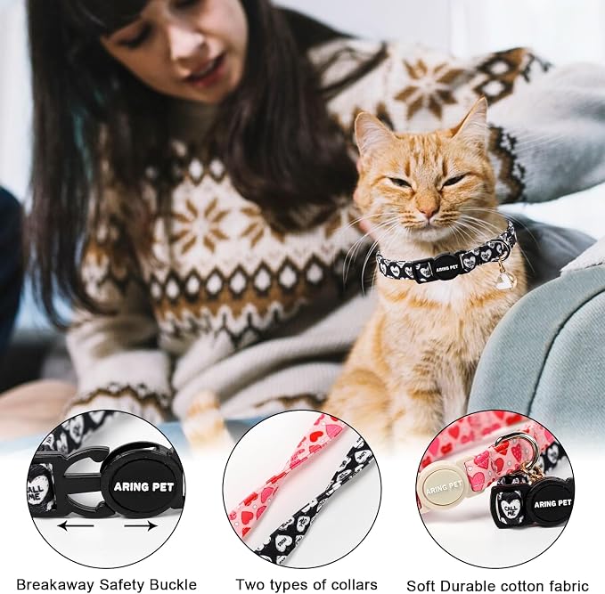 ARING PET 2 Pack Valentine's Day Cat Collar, Breakaway Kitten Small Black White - Image 3
