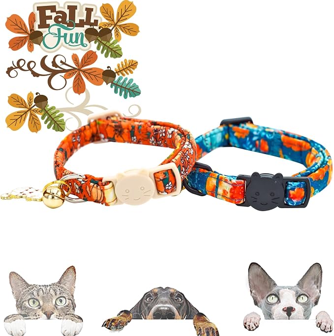 Elegant little tail Halloween Cat Collar-2 Pack Pumpkin Print Fall Cotton - Image 4