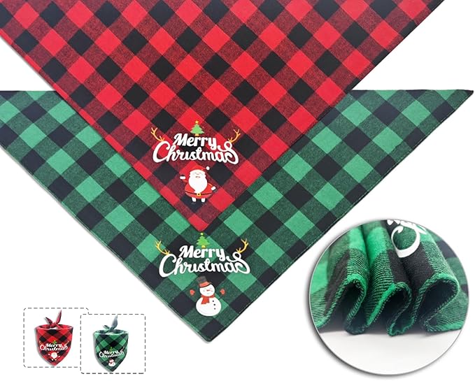 Christmas Dog Bandanas 2PCS-Small, Classic Plaid Triangle Holiday Scarf - Image 3