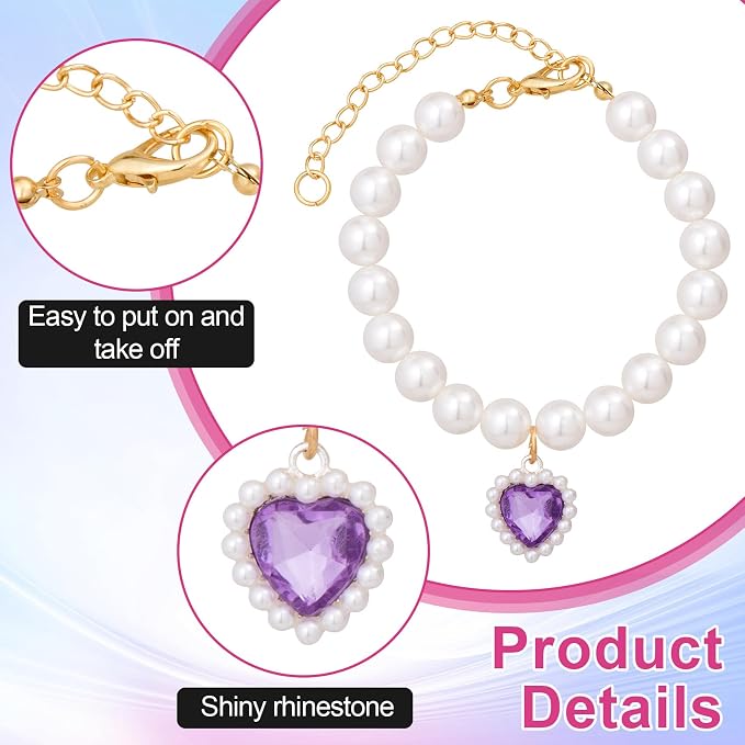 2pcs Cat Pearl Collar with Heart Pendant, Cute Pearl Pet Necklace in Small - Image 3