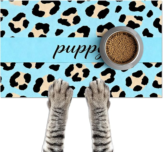 Puppy Feeding Mat 20x12 inch Blue Leopard Print Dog Bowl Placemat Non Slip Mat by HOMETITUTE