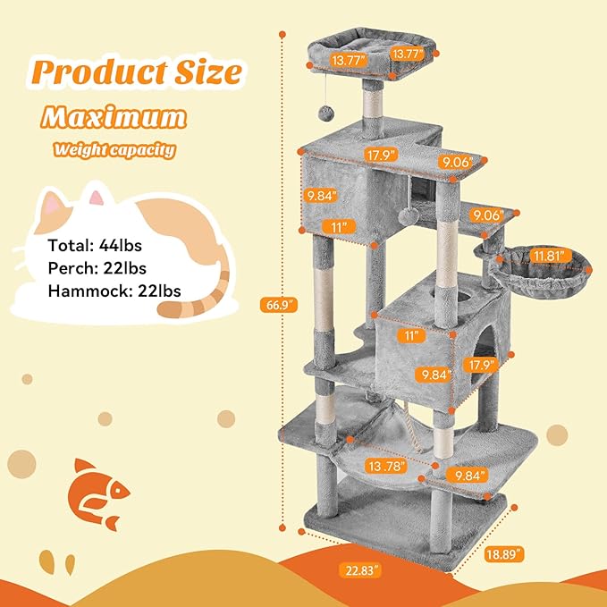 Large Cat Tree 66 Inch, Sisal Scratching Posts and Hammock, Pet Play House - Image 2