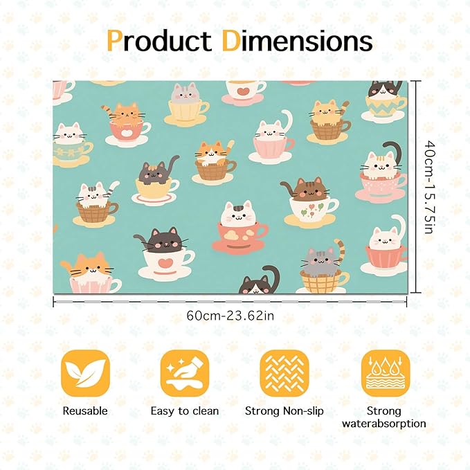 Cat Feeding Mat 24x16 inch Teacup Kitten Print Pet Bowl Placemat Non Slip Floor - Image 6