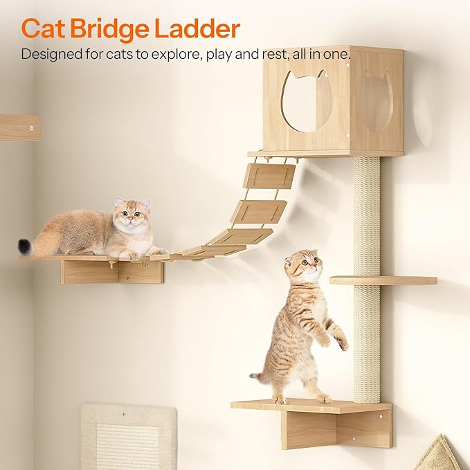 HOOBRO Wood Cat Wall Shelves, Plush Hammock, Scratcher and Climbing Shelves - Image 6